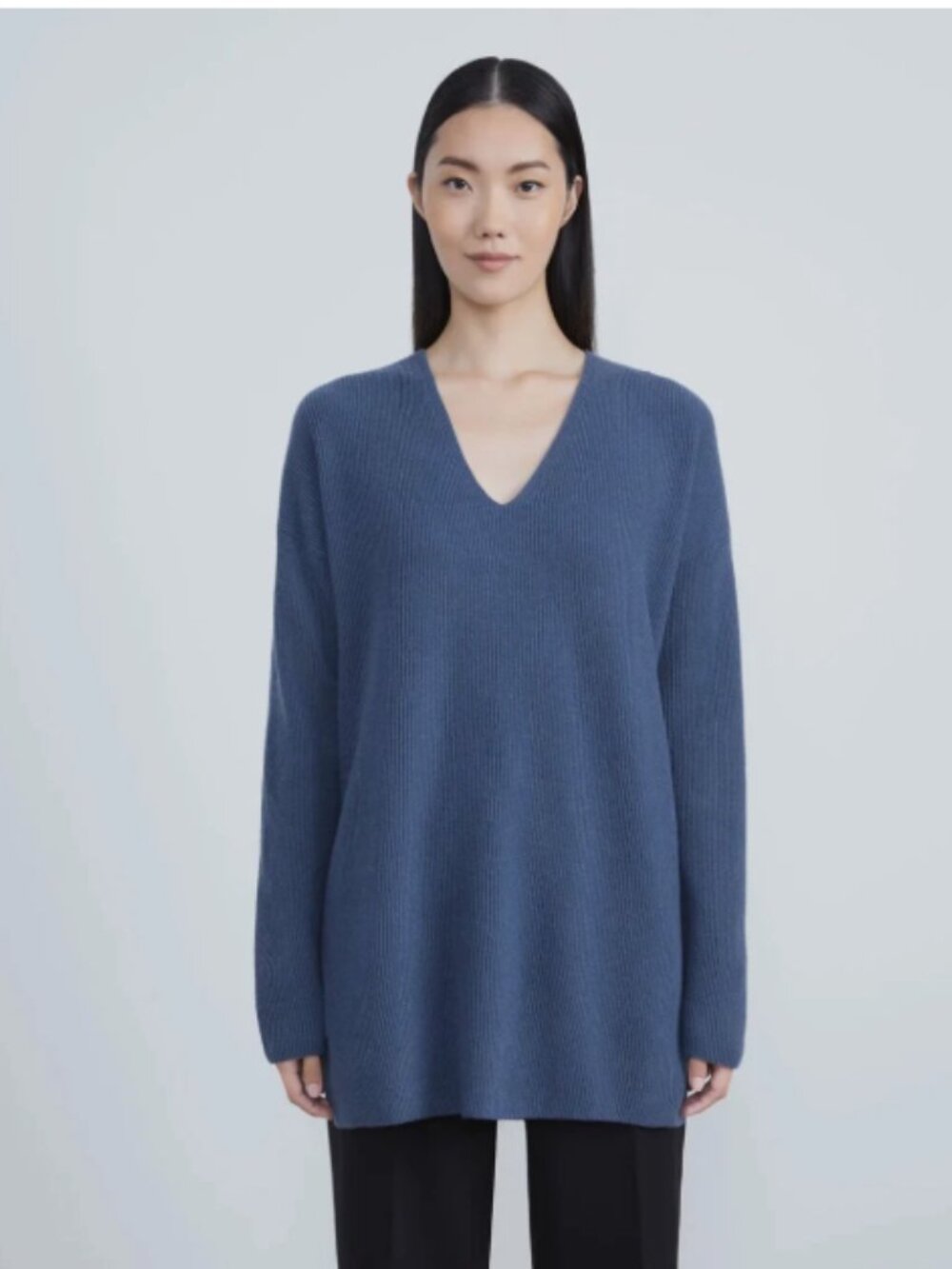 Lafayette 148 Ribbed V-Neck Drop Shoulder Sweater - Niagara Blue Size Small